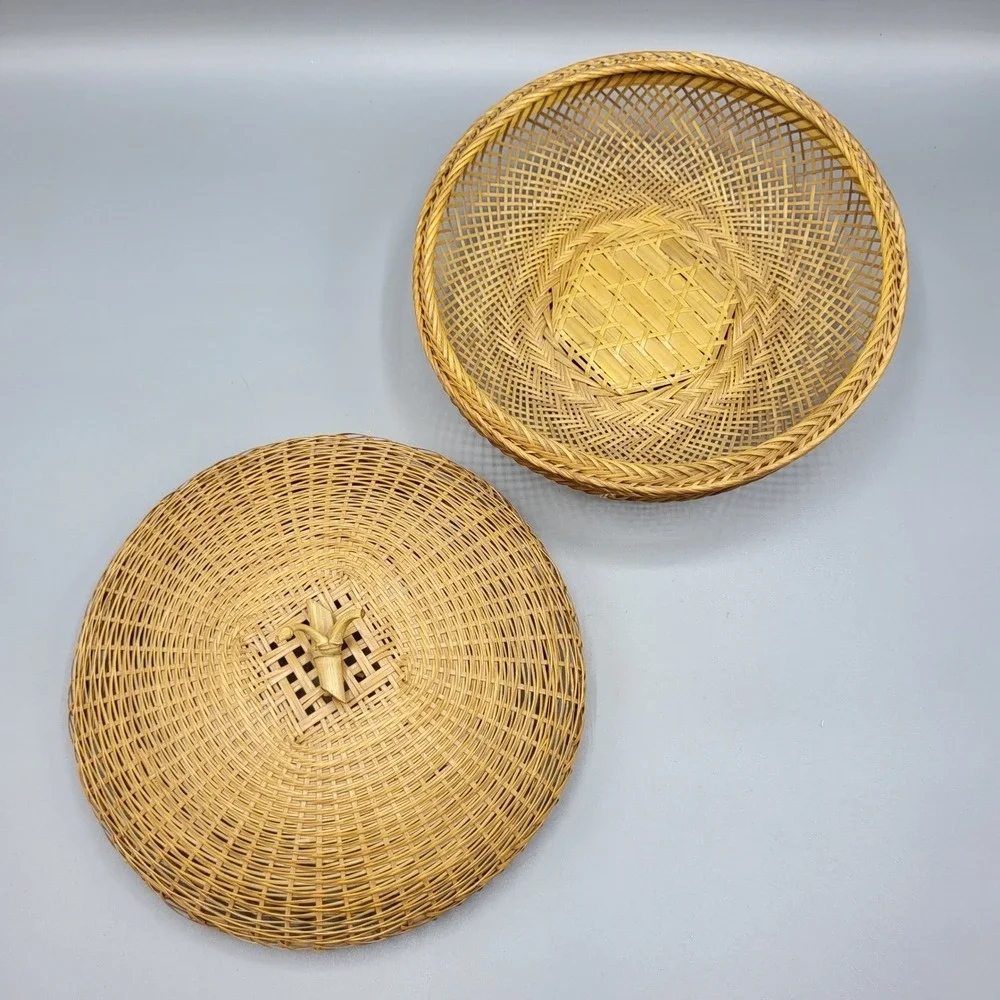 Vintage Woven Bamboo Basket Lid Round Handcrafted Decorative Tan Brown READ
